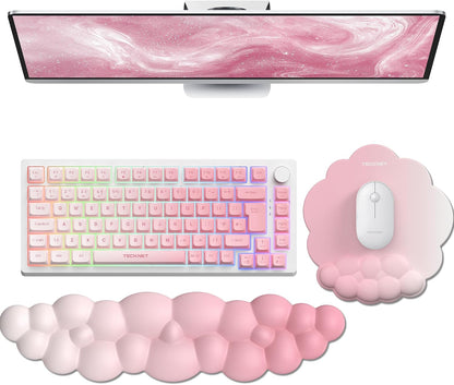 Cloud Wrist Rest & Ergonomic Mouse Pad, Cloud Keyboard Wrist Rest with Non-Slip Base, PU Leather Memory Foam Wrist Pad for Keyboard and Mouse, Pain Relief for Typing, Gaming, Pink