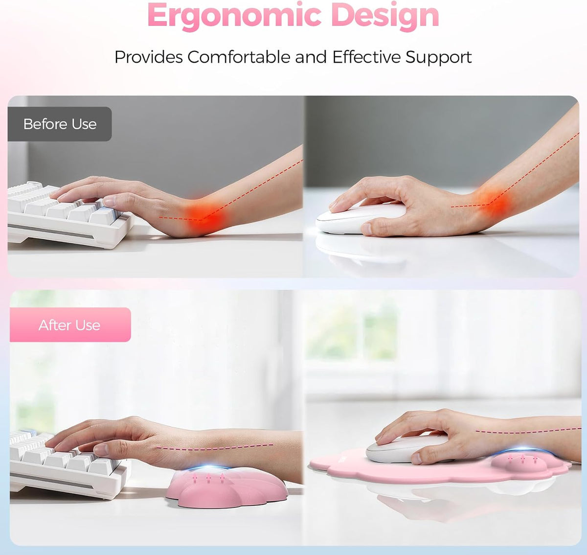 Cloud Wrist Rest & Ergonomic Mouse Pad, Cloud Keyboard Wrist Rest with Non-Slip Base, PU Leather Memory Foam Wrist Pad for Keyboard and Mouse, Pain Relief for Typing, Gaming, Pink