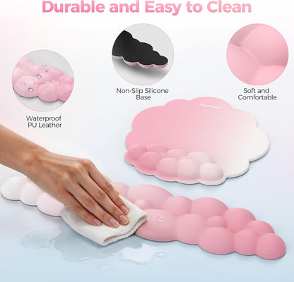 Cloud Wrist Rest & Ergonomic Mouse Pad, Cloud Keyboard Wrist Rest with Non-Slip Base, PU Leather Memory Foam Wrist Pad for Keyboard and Mouse, Pain Relief for Typing, Gaming, Pink
