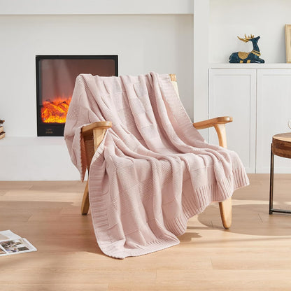 Pink Knitted Checkered Throw Blanket 50"X60"