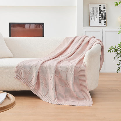 Pink Knitted Checkered Throw Blanket 50"X60"