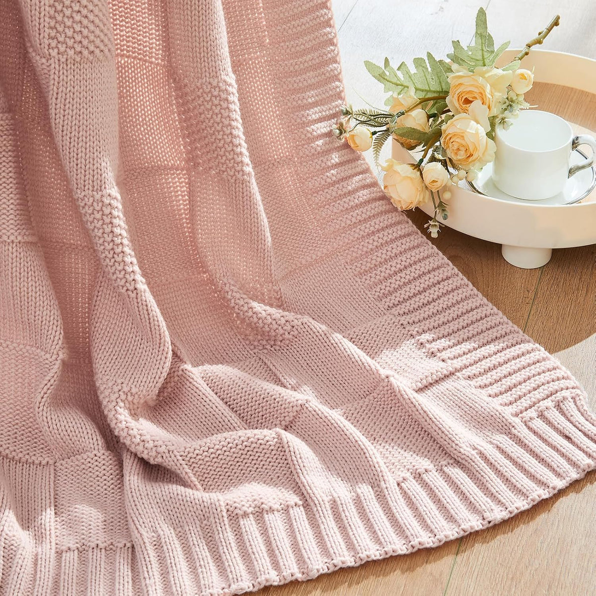 Pink Knitted Checkered Throw Blanket 50"X60"