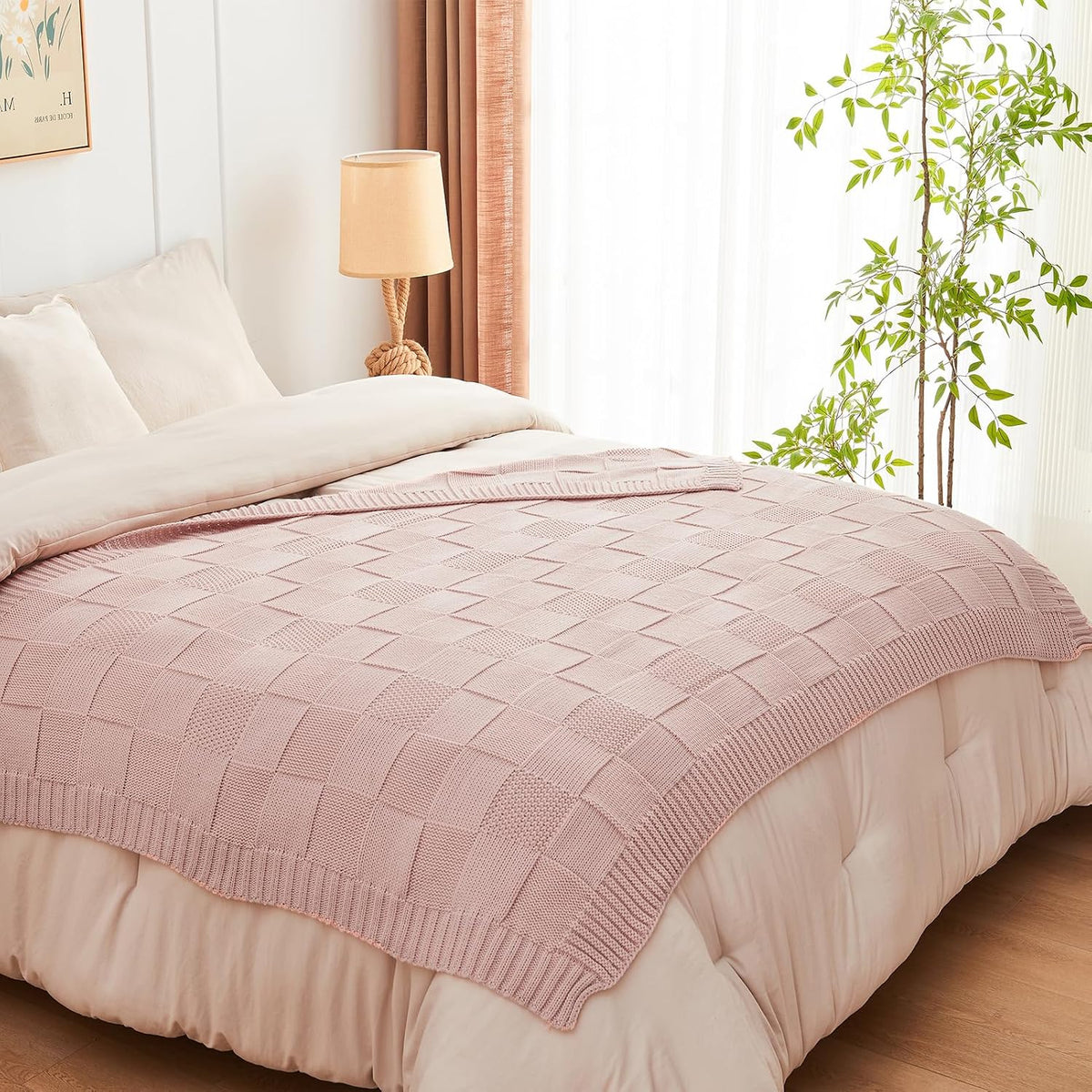 Pink Knitted Checkered Throw Blanket 50"X60"