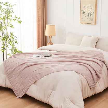 Pink Knitted Checkered Throw Blanket 50"X60"