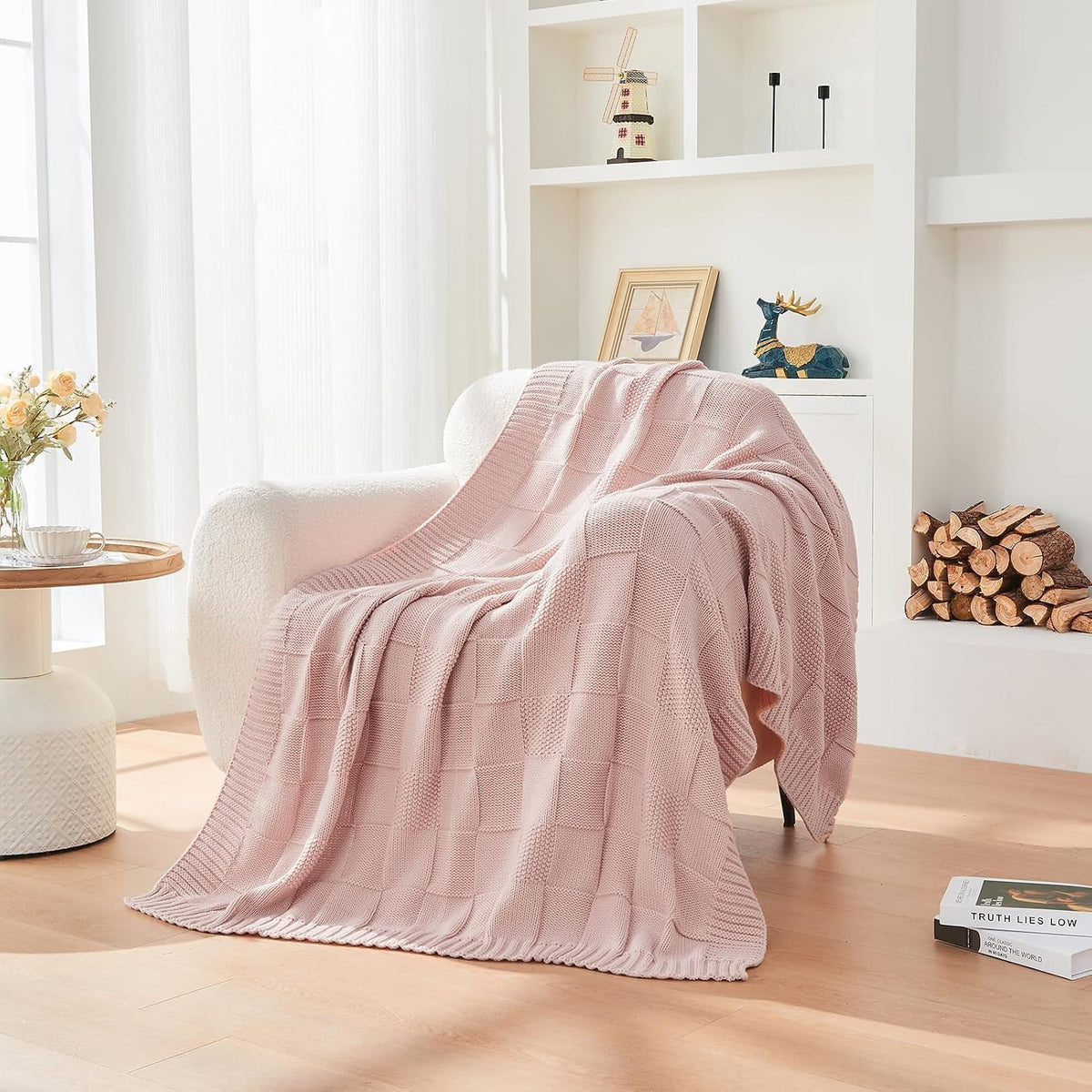 Pink Knitted Checkered Throw Blanket 50"X60"