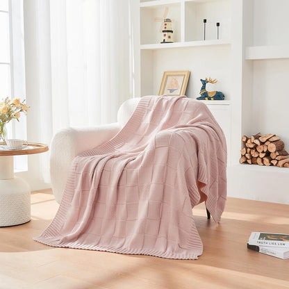 Pink Knitted Checkered Throw Blanket 50"X60"