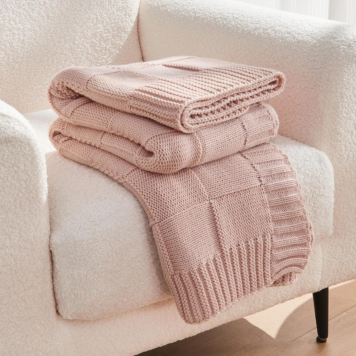 Pink Knitted Checkered Throw Blanket 50"X60"