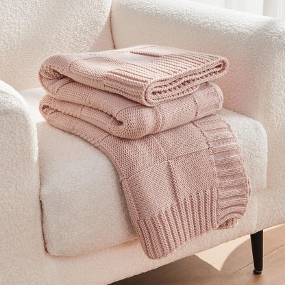 Pink Knitted Checkered Throw Blanket 50"X60"