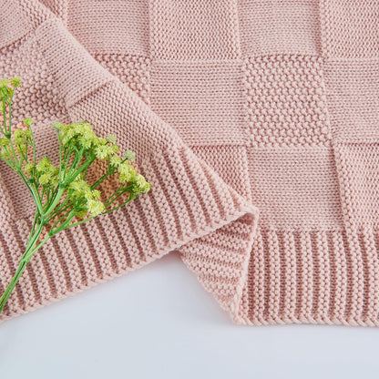 Pink Knitted Checkered Throw Blanket 50"X60"