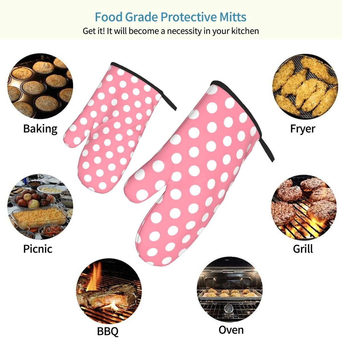 Light Pink Polka Dot Print (a) Oven Mitts for Women, Cute Kitchen aid Oven Mitts Heat Resistant with Cotton Lining