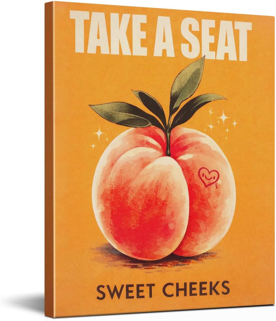 Funny Peach Bathroom Wall Art Print - Cute Peach Artwork Picture Wall Decor for Home Living Room Kitchen - Sweet Cheeks