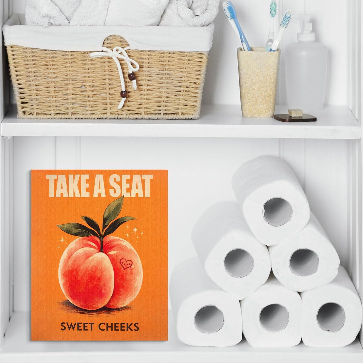 Funny Peach Bathroom Wall Art Print - Cute Peach Artwork Picture Wall Decor for Home Living Room Kitchen - Sweet Cheeks