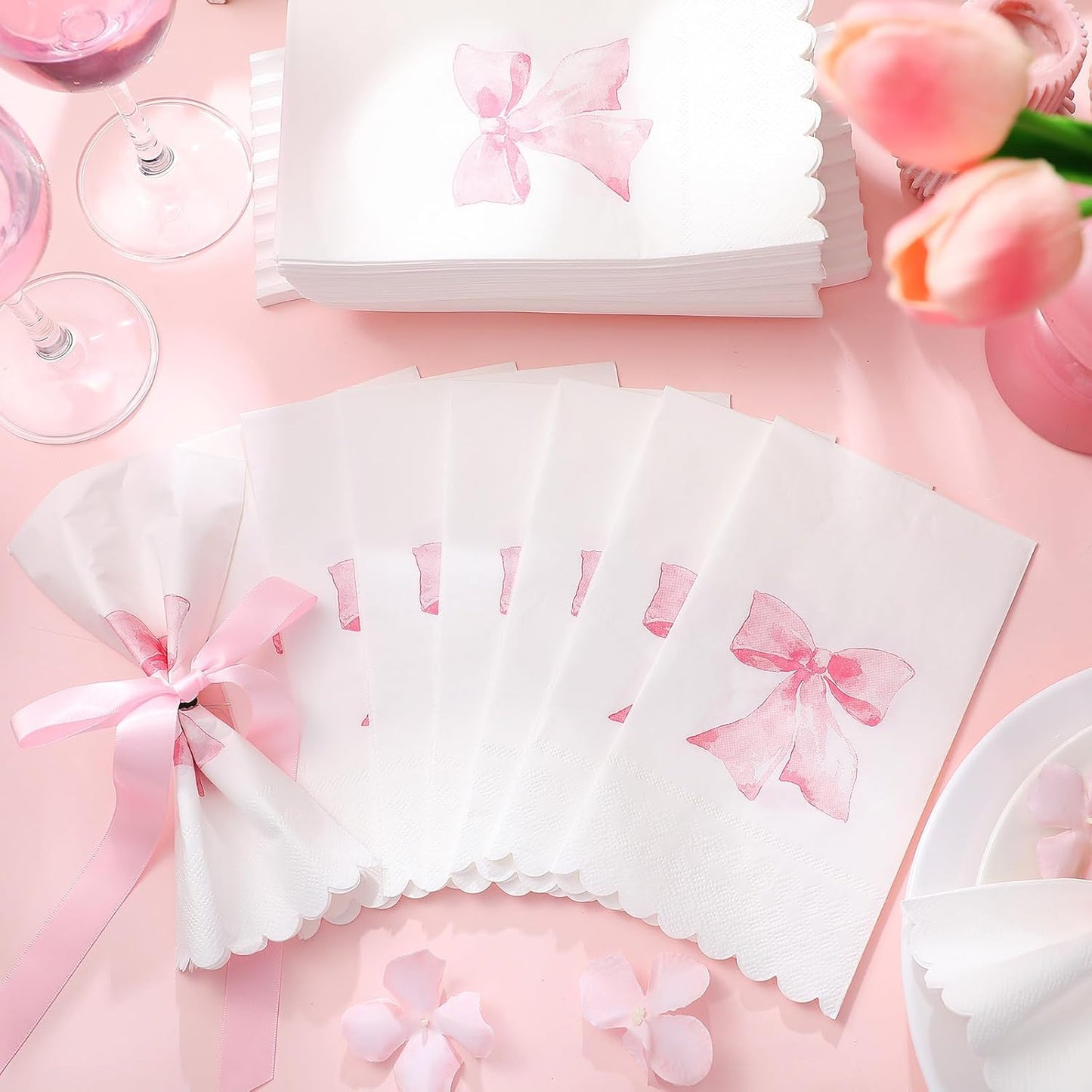 HunnmingRe 150 Pcs Bow Napkins for Decoupage 3 Ply Coquette Cute Party Supplies Bow Party Disposable Paper Napkins for Bachelorette Bridal Baby Shower Tea Wedding Birthday(Pink,Rectangle)