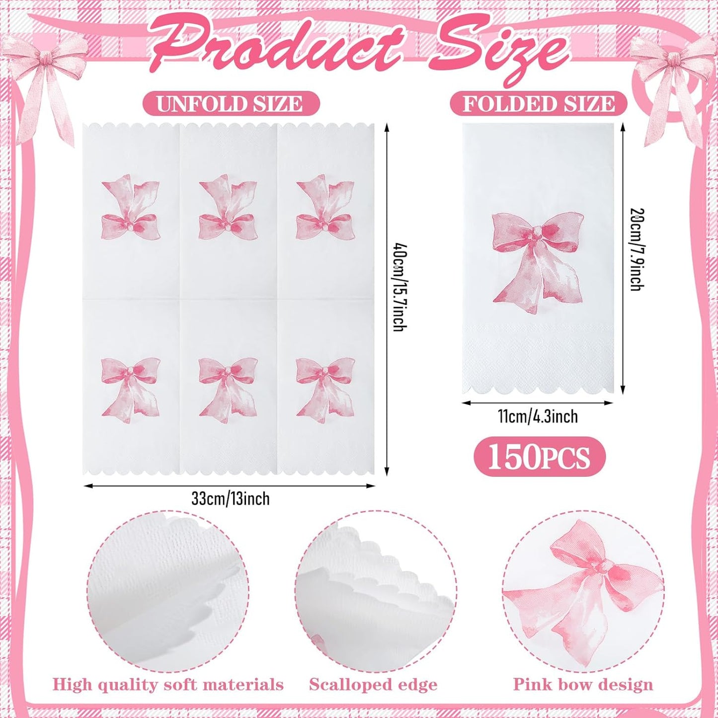 HunnmingRe 150 Pcs Bow Napkins for Decoupage 3 Ply Coquette Cute Party Supplies Bow Party Disposable Paper Napkins for Bachelorette Bridal Baby Shower Tea Wedding Birthday(Pink,Rectangle)