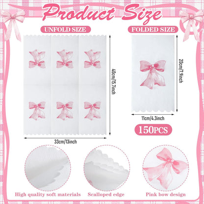 HunnmingRe 150 Pcs Bow Napkins for Decoupage 3 Ply Coquette Cute Party Supplies Bow Party Disposable Paper Napkins for Bachelorette Bridal Baby Shower Tea Wedding Birthday(Pink,Rectangle)