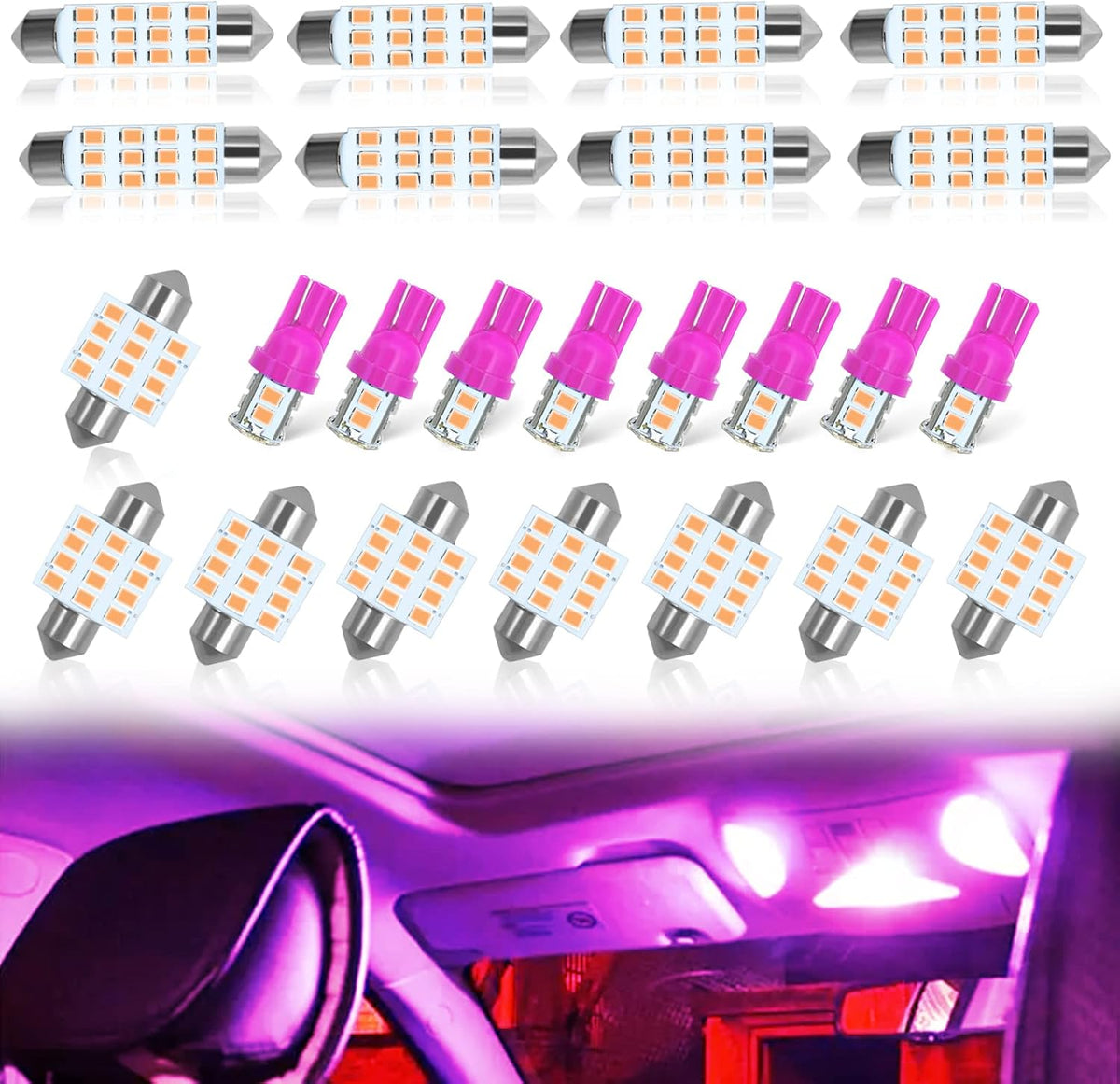 Car LED Bulb, Pink, 24 Sets, Compatible with All Vehicles, Wide Range of Applications, Easy Installation