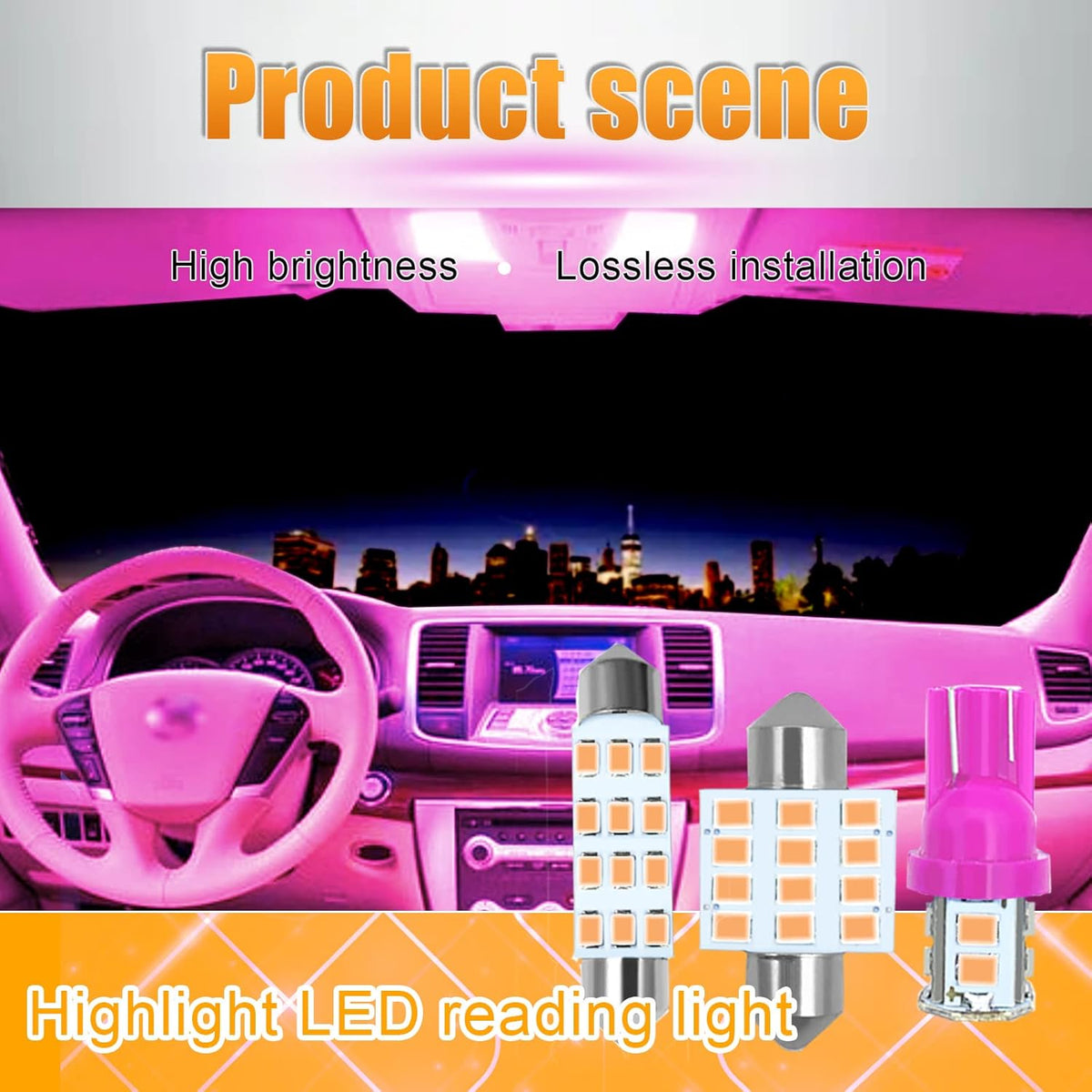 Car LED Bulb, Pink, 24 Sets, Compatible with All Vehicles, Wide Range of Applications, Easy Installation