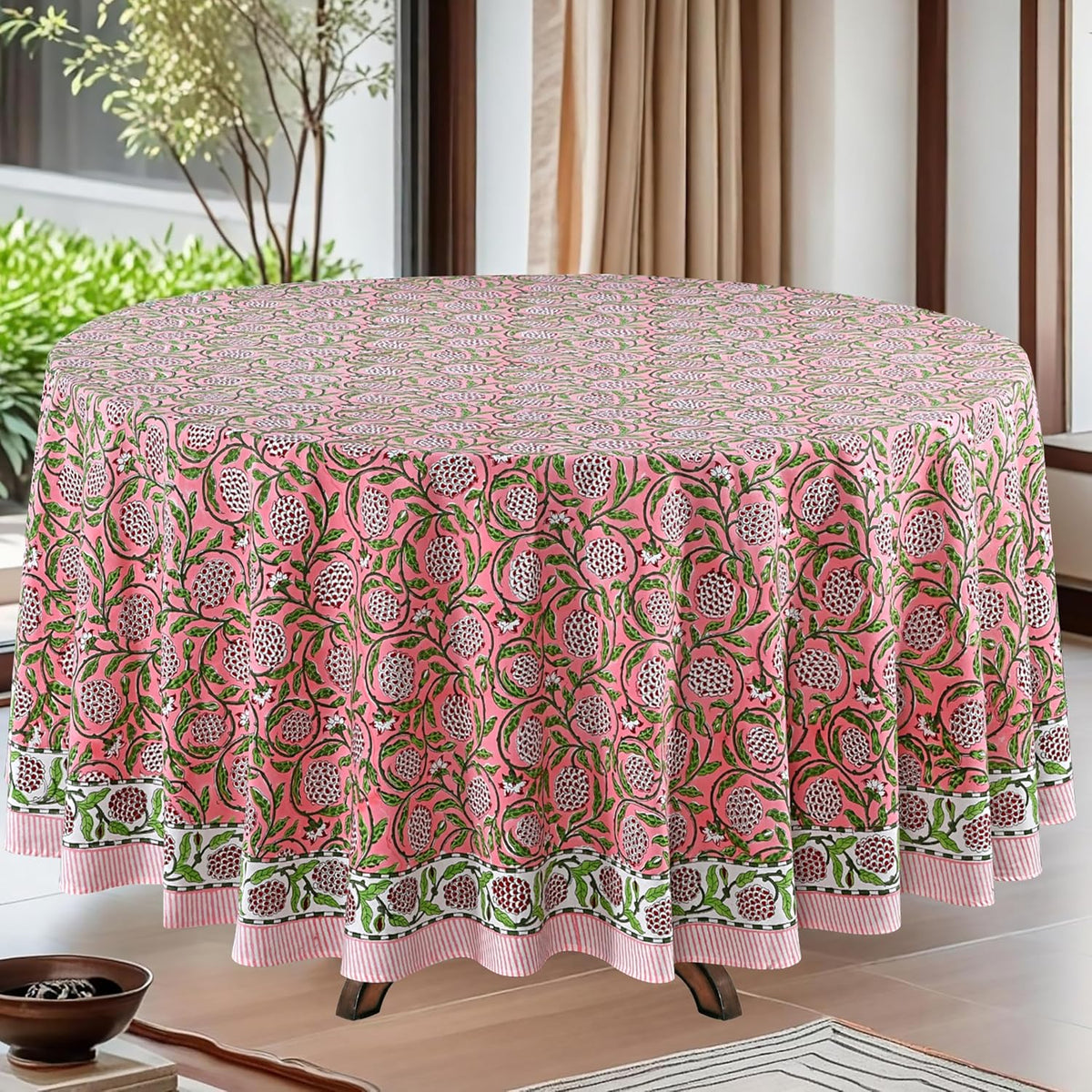 Round Tablecloth Hand Block Print 100% Cotton Reusable Strawberry Pink 90 Inch Table Cover Decorative Everyday Use for Dining, Home, Farmhouse Gift for Spring, Mother's Day