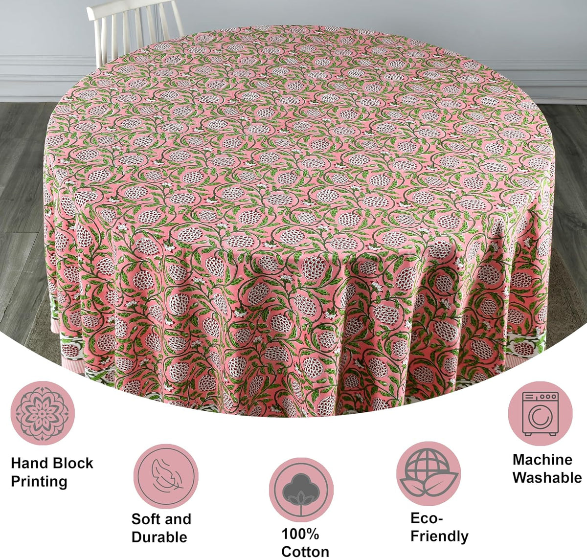 Round Tablecloth Hand Block Print 100% Cotton Reusable Strawberry Pink 90 Inch Table Cover Decorative Everyday Use for Dining, Home, Farmhouse Gift for Spring, Mother's Day