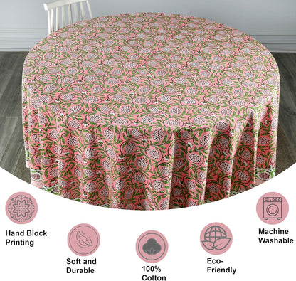 Round Tablecloth Hand Block Print 100% Cotton Reusable Strawberry Pink 90 Inch Table Cover Decorative Everyday Use for Dining, Home, Farmhouse Gift for Spring, Mother's Day