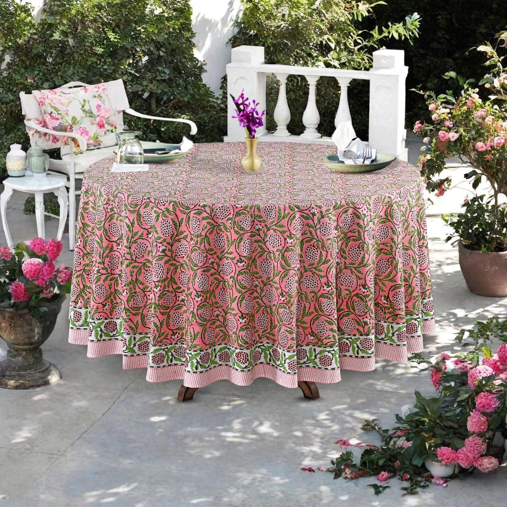 Round Tablecloth Hand Block Print 100% Cotton Reusable Strawberry Pink 90 Inch Table Cover Decorative Everyday Use for Dining, Home, Farmhouse Gift for Spring, Mother's Day