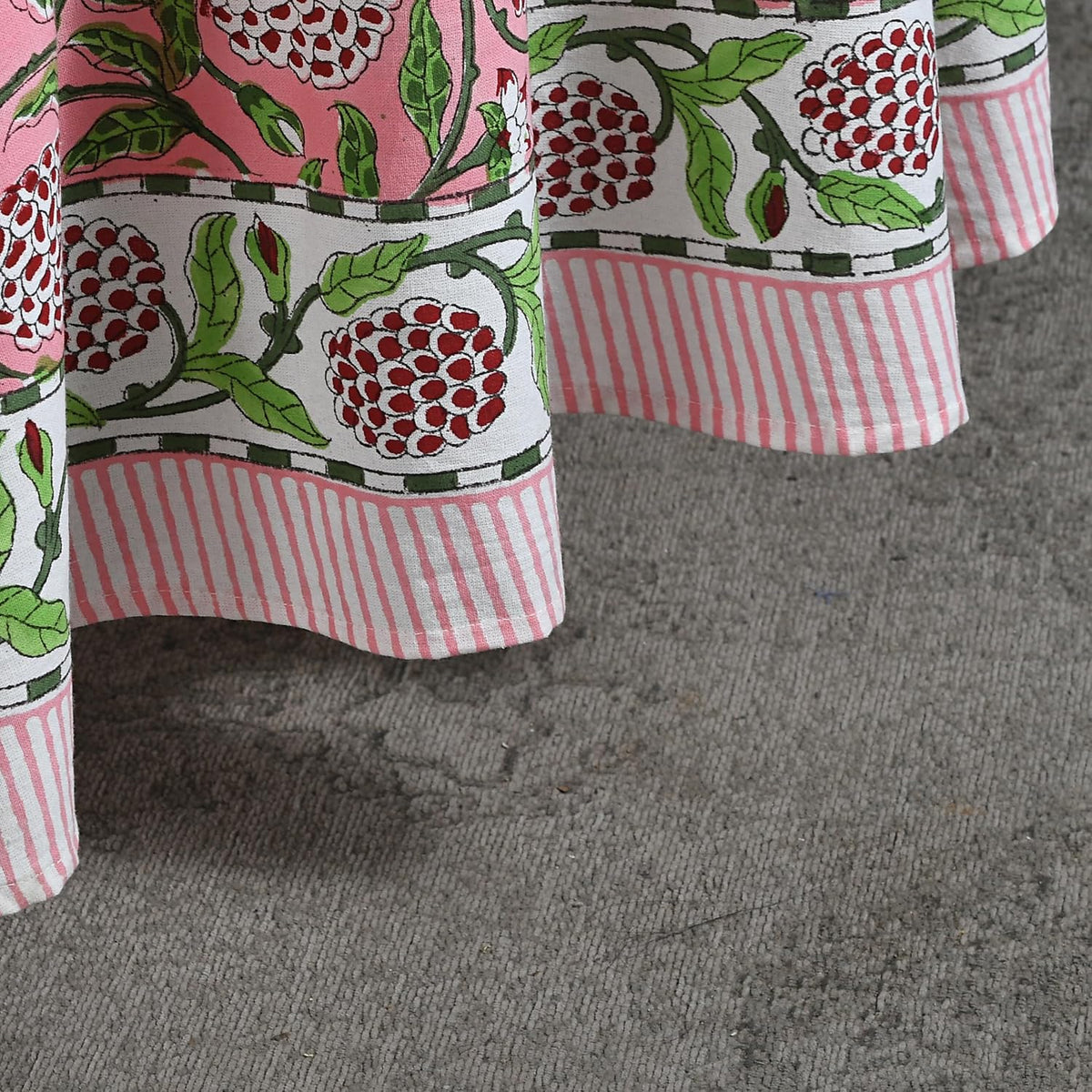 Round Tablecloth Hand Block Print 100% Cotton Reusable Strawberry Pink 90 Inch Table Cover Decorative Everyday Use for Dining, Home, Farmhouse Gift for Spring, Mother's Day