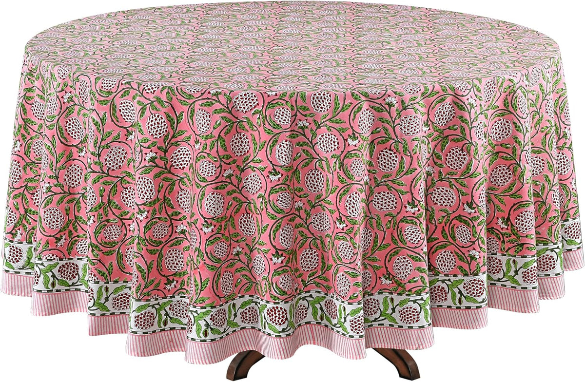 Round Tablecloth Hand Block Print 100% Cotton Reusable Strawberry Pink 90 Inch Table Cover Decorative Everyday Use for Dining, Home, Farmhouse Gift for Spring, Mother's Day