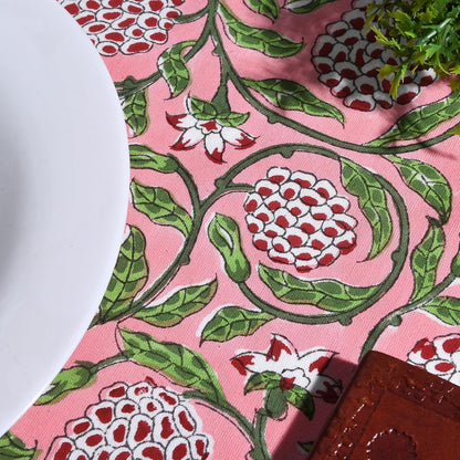 Round Tablecloth Hand Block Print 100% Cotton Reusable Strawberry Pink 90 Inch Table Cover Decorative Everyday Use for Dining, Home, Farmhouse Gift for Spring, Mother's Day