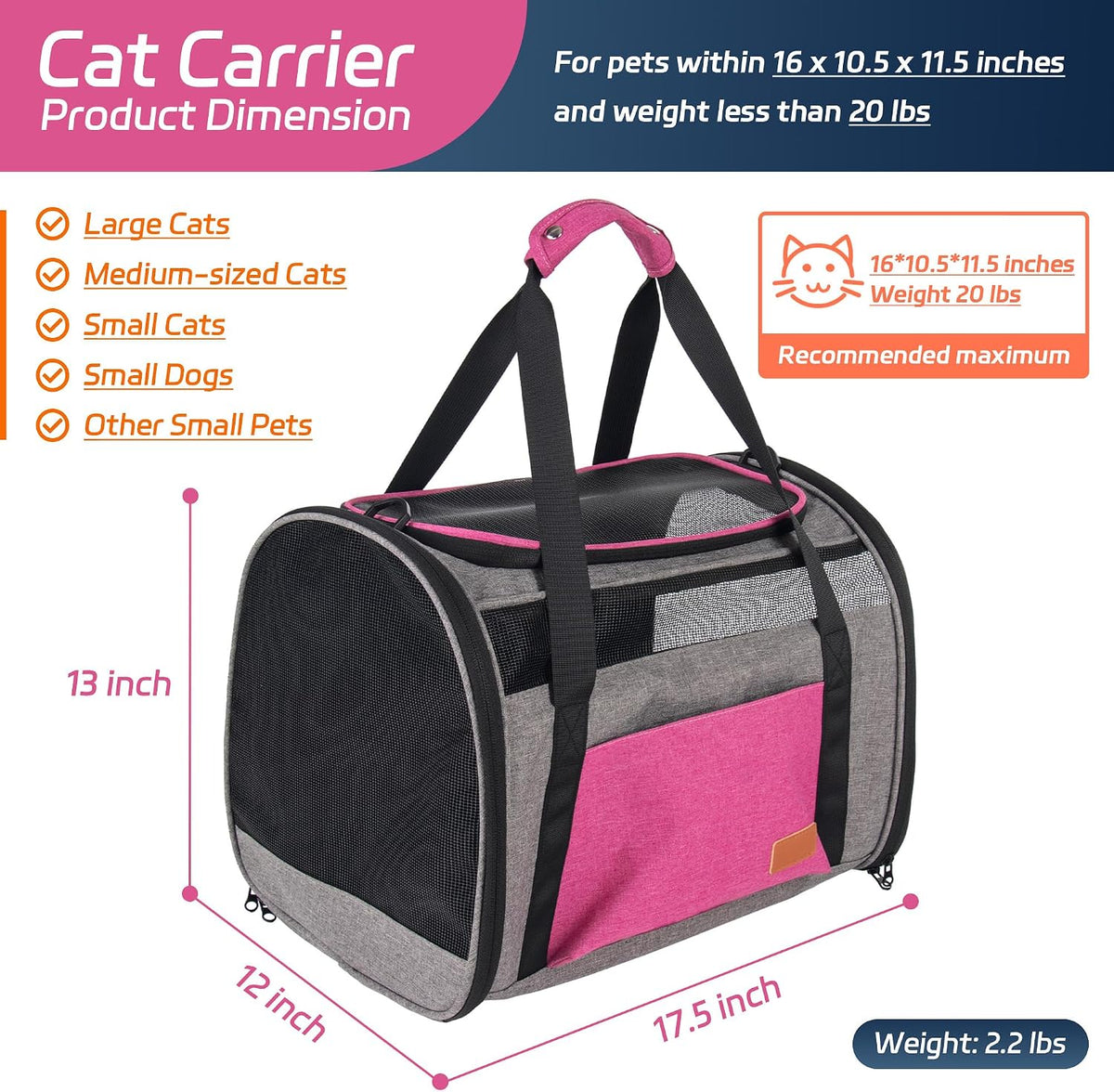 Large Cat Carrier for 20 lbs Pets - Soft Sided Breathable Mesh Travel Carrier, Airline Approved, Washable for Small Dogs Puppies, Foldable, Pink