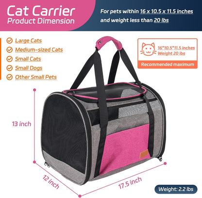 Large Cat Carrier for 20 lbs Pets - Soft Sided Breathable Mesh Travel Carrier, Airline Approved, Washable for Small Dogs Puppies, Foldable, Pink