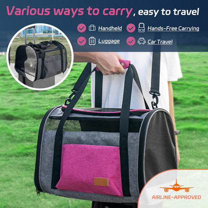Large Cat Carrier for 20 lbs Pets - Soft Sided Breathable Mesh Travel Carrier, Airline Approved, Washable for Small Dogs Puppies, Foldable, Pink