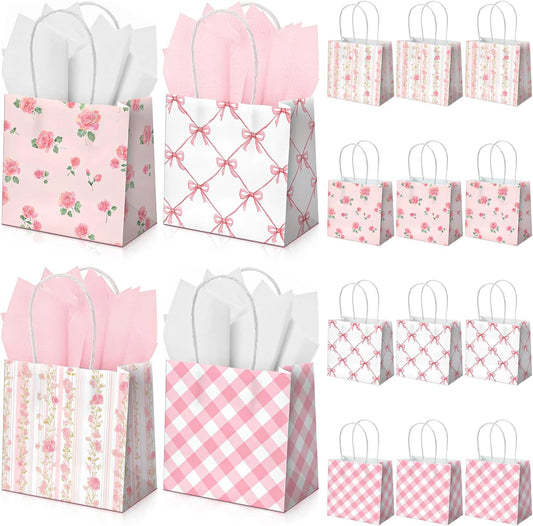 24 Pack Mini Pink Floral Gift Bags with Handles & Tissue Paper 5x5x3inch Bulk Small Bow Spring Flower Candy Goodie Bags for Women Tea Party Baby Shower Bridesmaid Birthday Wedding Supplies