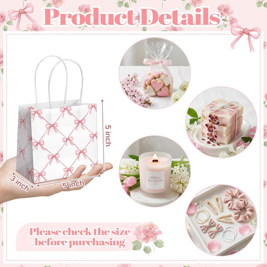 24 Pack Mini Pink Floral Gift Bags with Handles & Tissue Paper 5x5x3inch Bulk Small Bow Spring Flower Candy Goodie Bags for Women Tea Party Baby Shower Bridesmaid Birthday Wedding Supplies
