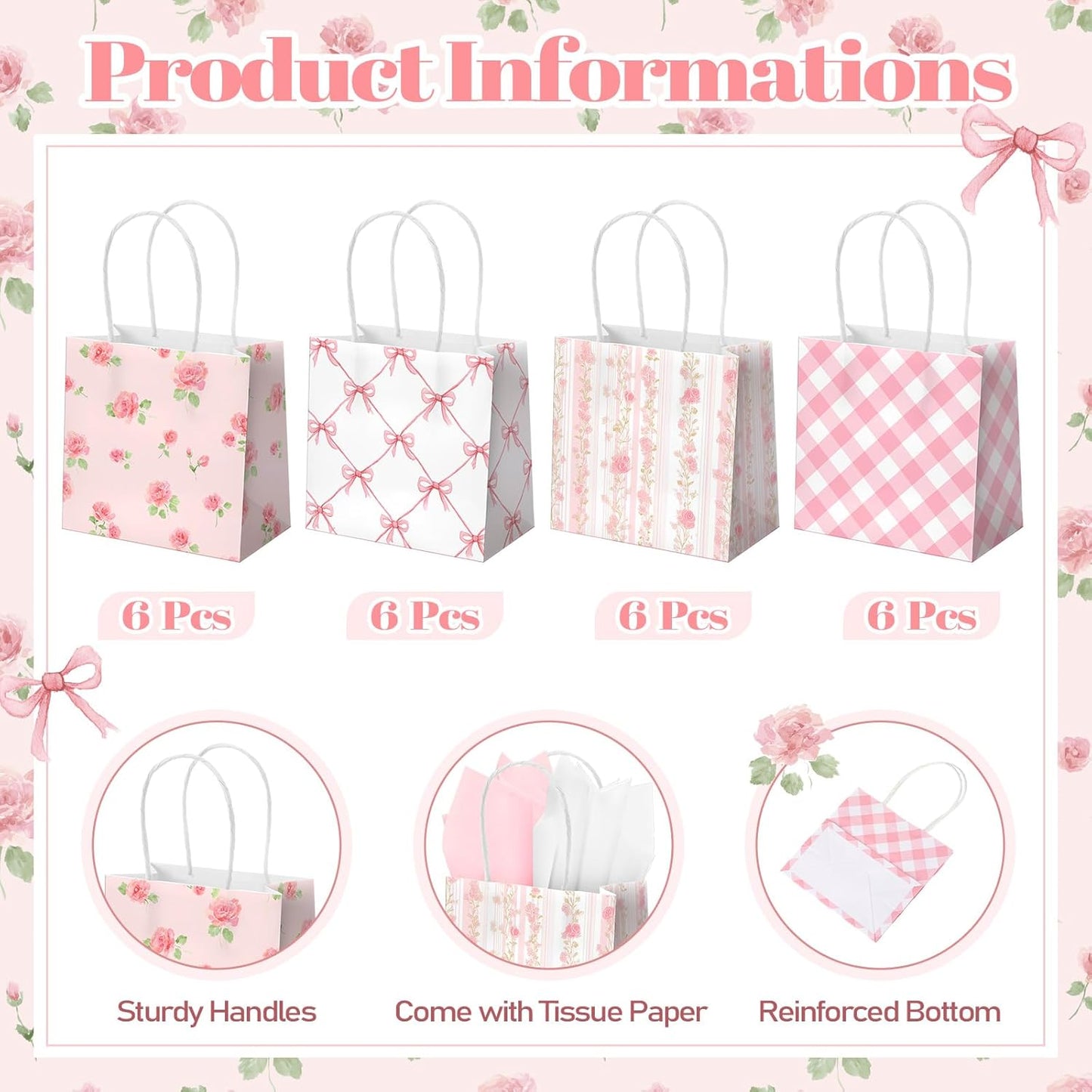 24 Pack Mini Pink Floral Gift Bags with Handles & Tissue Paper 5x5x3inch Bulk Small Bow Spring Flower Candy Goodie Bags for Women Tea Party Baby Shower Bridesmaid Birthday Wedding Supplies