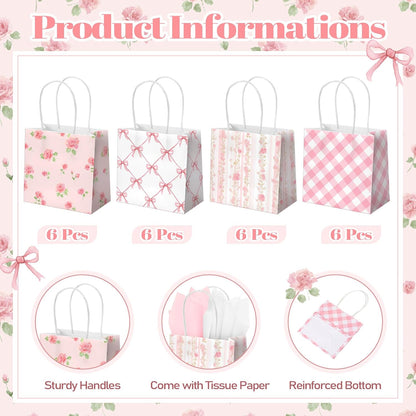24 Pack Mini Pink Floral Gift Bags with Handles & Tissue Paper 5x5x3inch Bulk Small Bow Spring Flower Candy Goodie Bags for Women Tea Party Baby Shower Bridesmaid Birthday Wedding Supplies