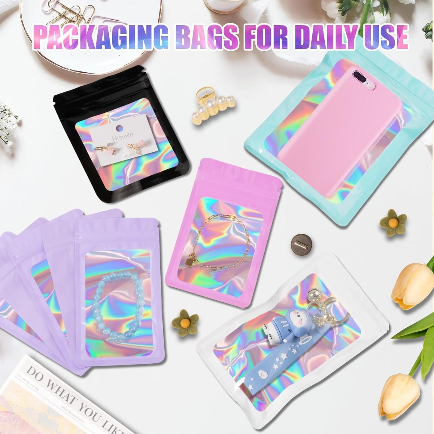 100 pcs Holographic Mylar Bags, Resealable Packaging Bags for Small Business, Freshie Supplies, Candy Sample Jewelry Product Bag, Foil Pouch for Party Favor, Mothers Day Gifts (3×3 Inch, Pink)