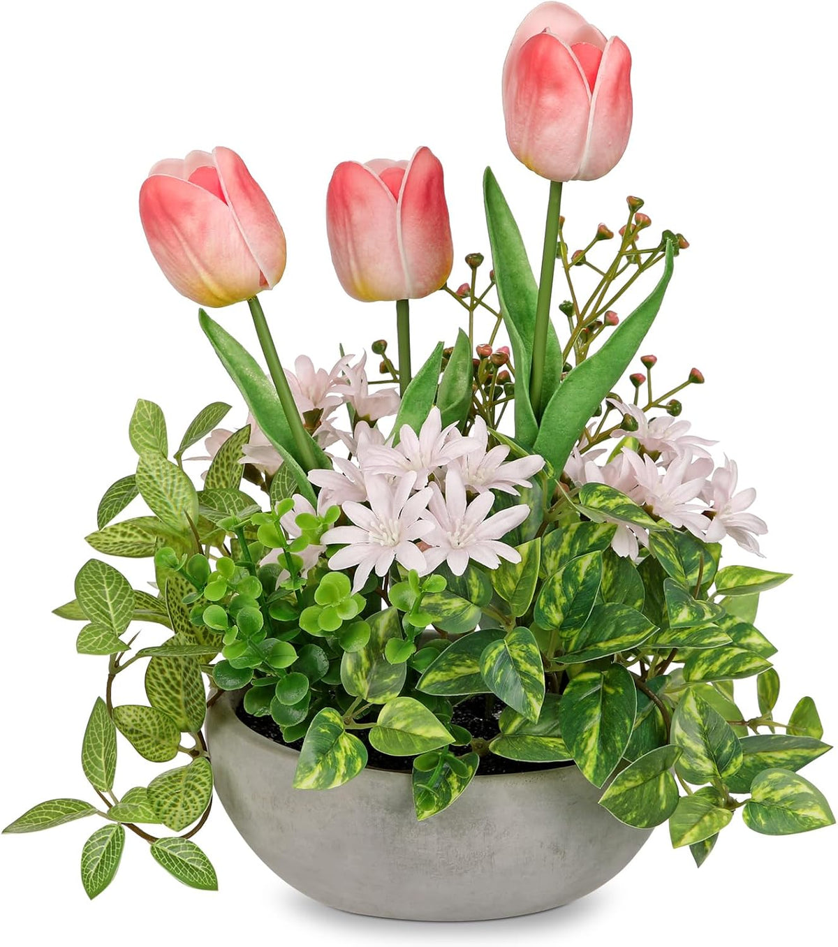 Flower Centerpieces 10.6" Artificial Plants & Flowers in Pot Mixed Artificial Tulip with Pink Flowers Green Plant, Realistic Farmhouse Flowers Arrangements for Table Office Desk Kitchen Home Decor