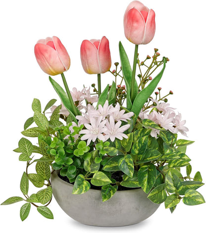 Flower Centerpieces 10.6" Artificial Plants & Flowers in Pot Mixed Artificial Tulip with Pink Flowers Green Plant, Realistic Farmhouse Flowers Arrangements for Table Office Desk Kitchen Home Decor