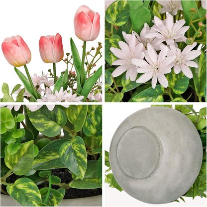 Flower Centerpieces 10.6" Artificial Plants & Flowers in Pot Mixed Artificial Tulip with Pink Flowers Green Plant, Realistic Farmhouse Flowers Arrangements for Table Office Desk Kitchen Home Decor