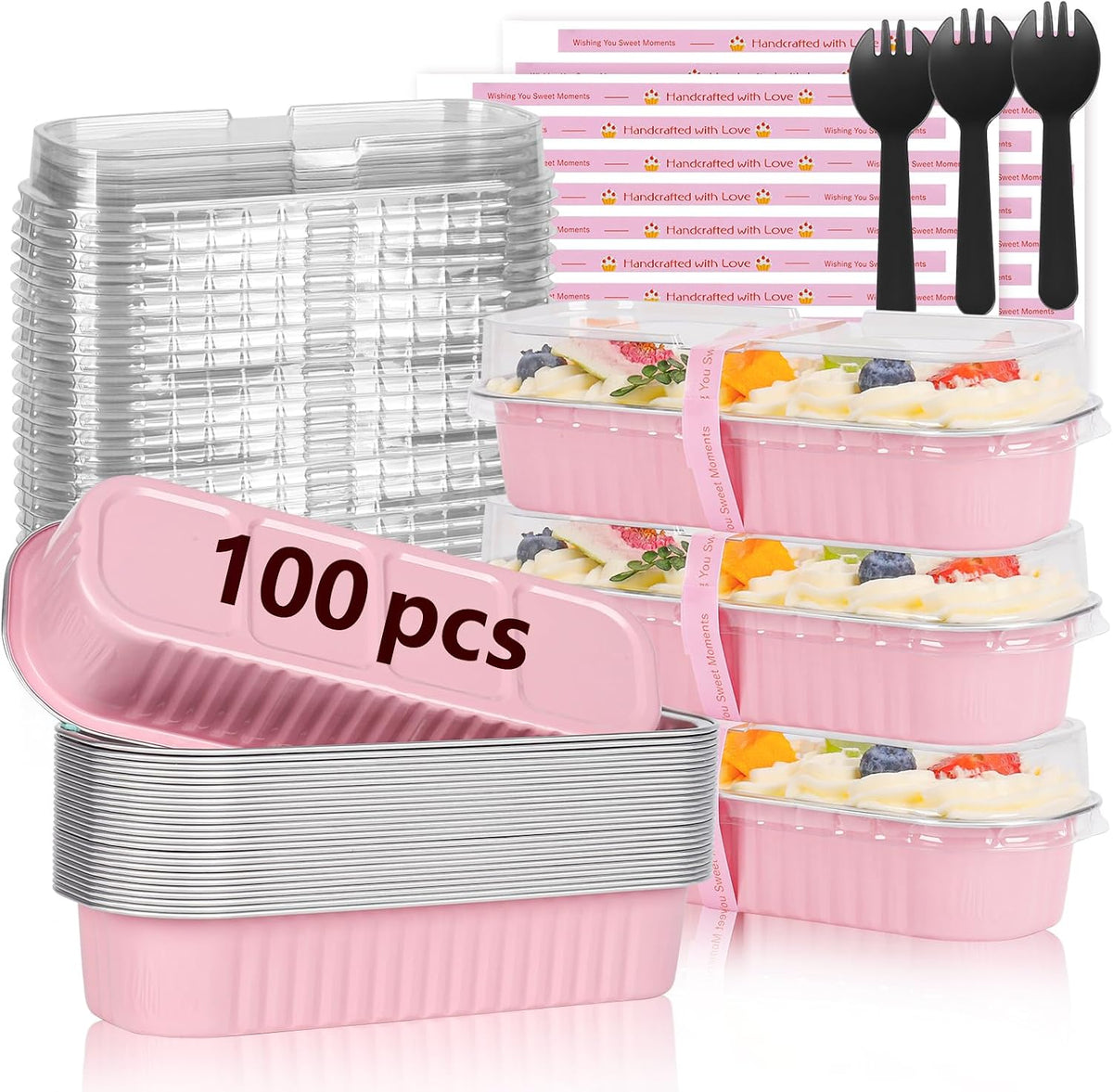 YQER 100 Pack Mini Loaf Pans with Lids and Spoons, 6.8oz Disposable Aluminum Foil Mini Cake Pans and Baking Tins with Sealing Stickers, Individual Pink Dessert Containers for Parties and Gifts