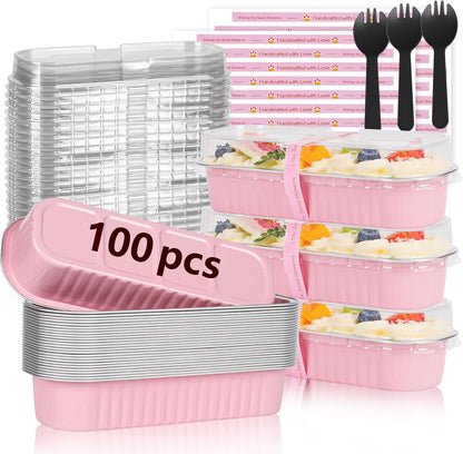 YQER 100 Pack Mini Loaf Pans with Lids and Spoons, 6.8oz Disposable Aluminum Foil Mini Cake Pans and Baking Tins with Sealing Stickers, Individual Pink Dessert Containers for Parties and Gifts