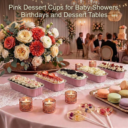 YQER 100 Pack Mini Loaf Pans with Lids and Spoons, 6.8oz Disposable Aluminum Foil Mini Cake Pans and Baking Tins with Sealing Stickers, Individual Pink Dessert Containers for Parties and Gifts