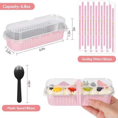 YQER 100 Pack Mini Loaf Pans with Lids and Spoons, 6.8oz Disposable Aluminum Foil Mini Cake Pans and Baking Tins with Sealing Stickers, Individual Pink Dessert Containers for Parties and Gifts