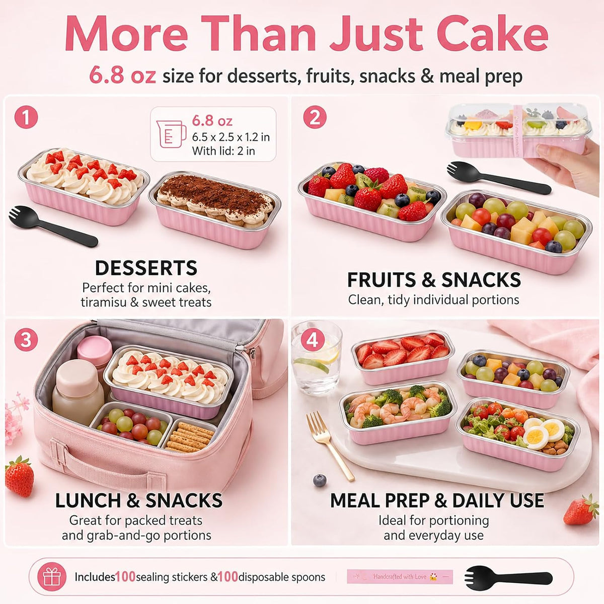 YQER 100 Pack Mini Loaf Pans with Lids and Spoons, 6.8oz Disposable Aluminum Foil Mini Cake Pans and Baking Tins with Sealing Stickers, Individual Pink Dessert Containers for Parties and Gifts
