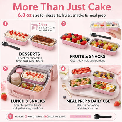 YQER 100 Pack Mini Loaf Pans with Lids and Spoons, 6.8oz Disposable Aluminum Foil Mini Cake Pans and Baking Tins with Sealing Stickers, Individual Pink Dessert Containers for Parties and Gifts