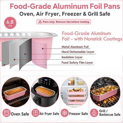 YQER 100 Pack Mini Loaf Pans with Lids and Spoons, 6.8oz Disposable Aluminum Foil Mini Cake Pans and Baking Tins with Sealing Stickers, Individual Pink Dessert Containers for Parties and Gifts