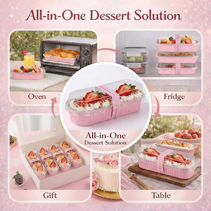 YQER 100 Pack Mini Loaf Pans with Lids and Spoons, 6.8oz Disposable Aluminum Foil Mini Cake Pans and Baking Tins with Sealing Stickers, Individual Pink Dessert Containers for Parties and Gifts