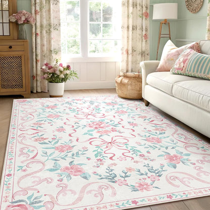 3'x5' Washable Pink Area Rug Floral Bow Small Rug with Rubber Back