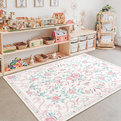 3'x5' Washable Pink Area Rug Floral Bow Small Rug with Rubber Back