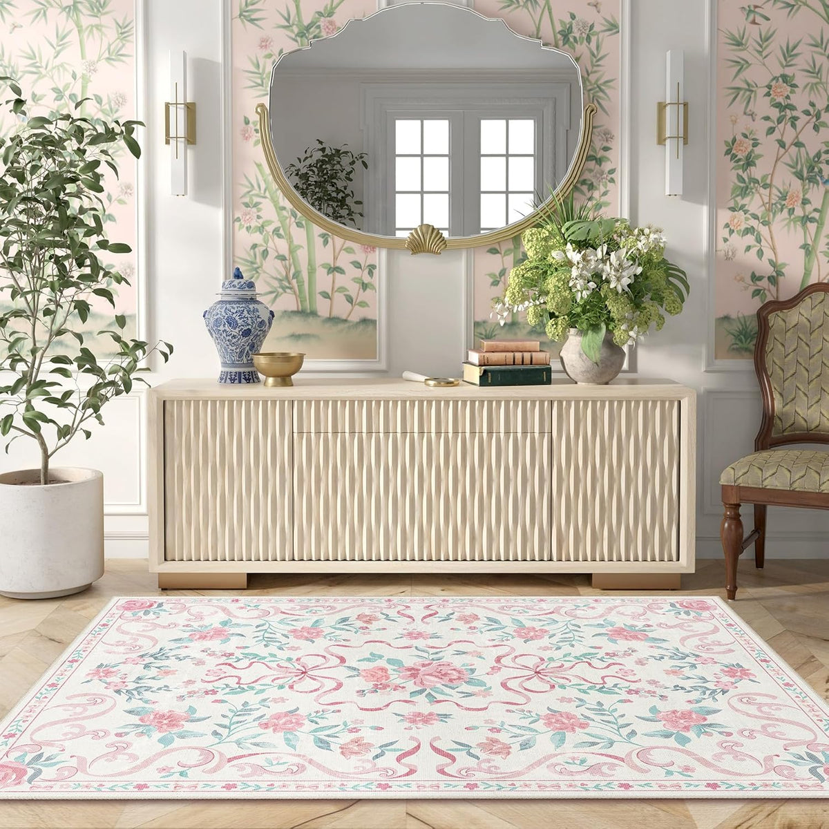 3'x5' Washable Pink Area Rug Floral Bow Small Rug with Rubber Back